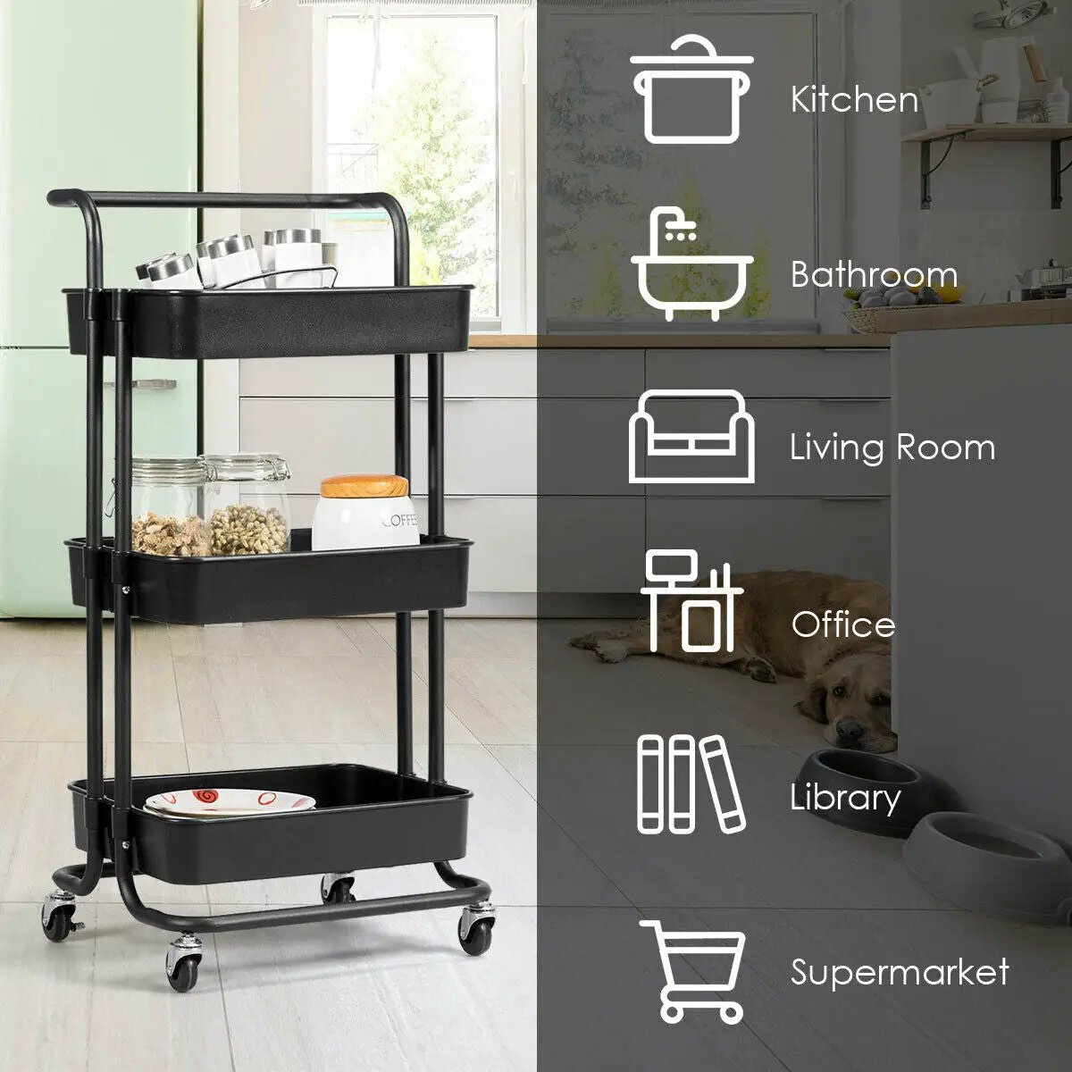 3-Tier Utility Cart Storage Rolling Cart with Casters, photo 7 of 9