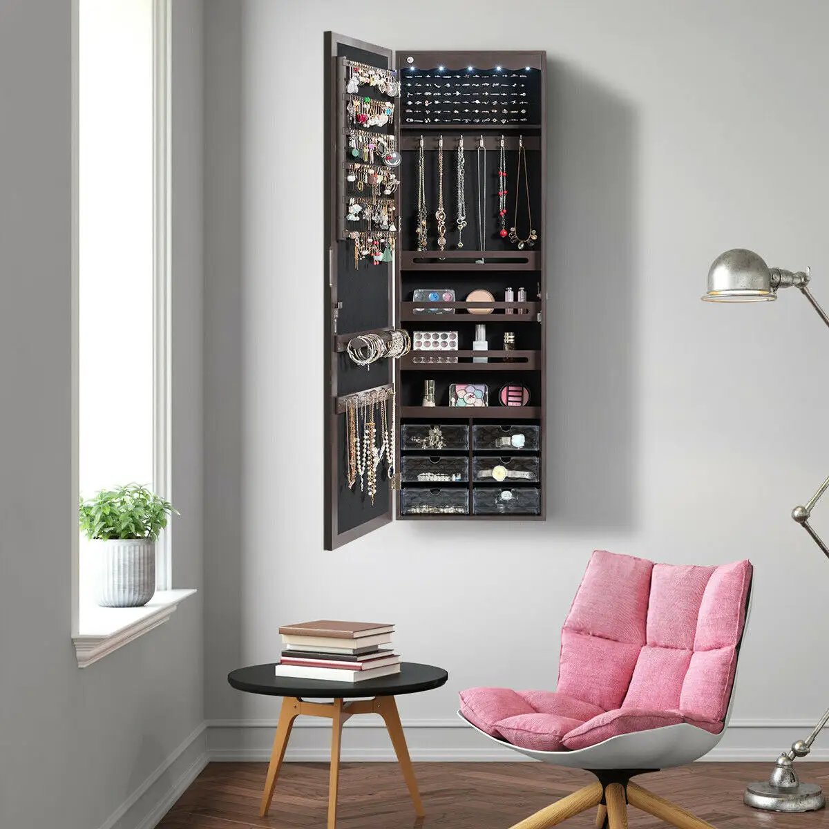 5 LEDs Jewelry Armoire Wall Mounted / Door Hanging Mirror, photo 2 of 10