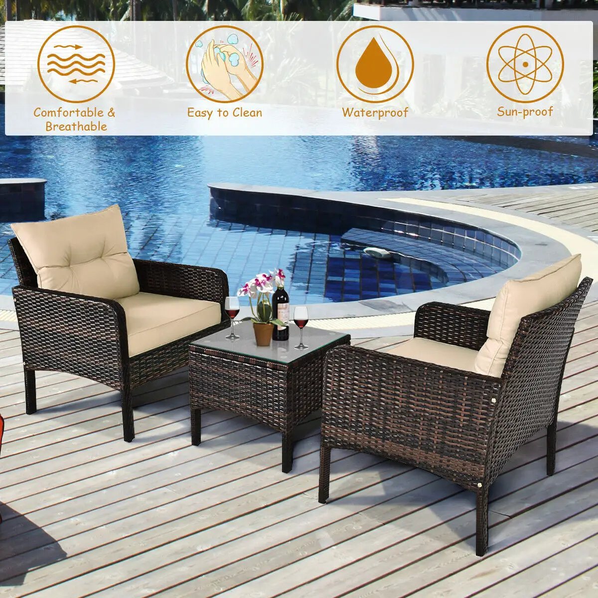 3 Pcs Outdoor Patio Rattan Conversation Set with Seat Cushions-Black, photo 2 of 12