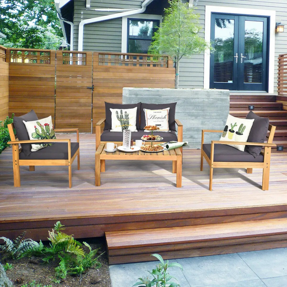 Outdoor 4 Pieces Acacia Wood Chat Set with Water Resistant Cushions, photo 6 of 11