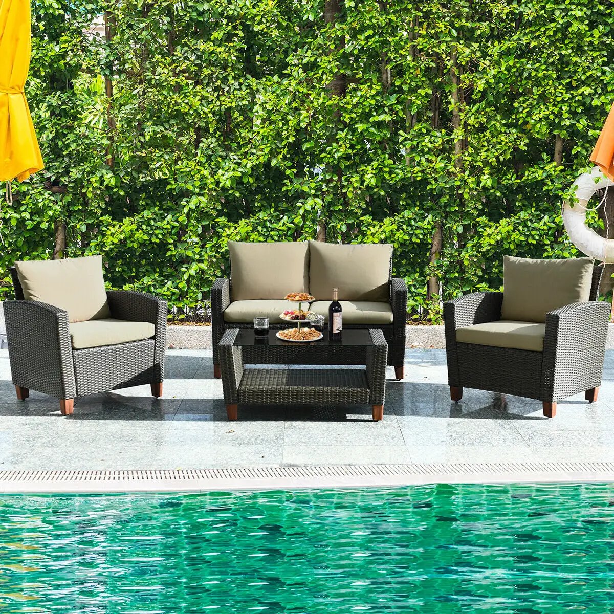 4 Pieces Patio Rattan Furniture Set with Cushions by DirectDeals