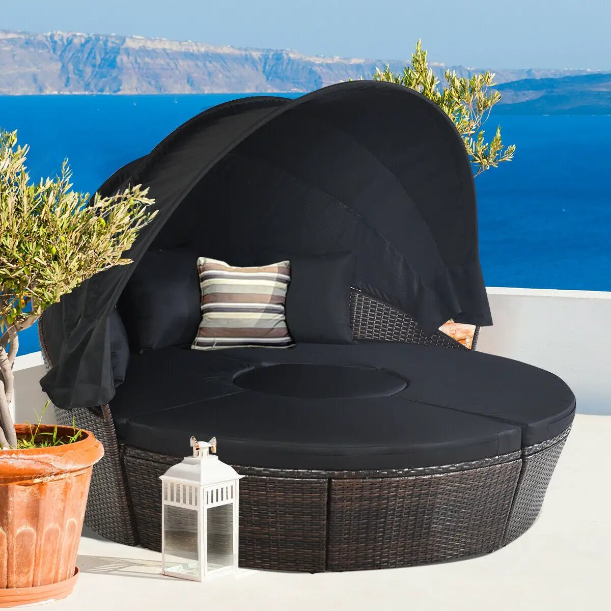 Patio Round Daybed Rattan Furniture Sets with Canopy, photo 2 of 24