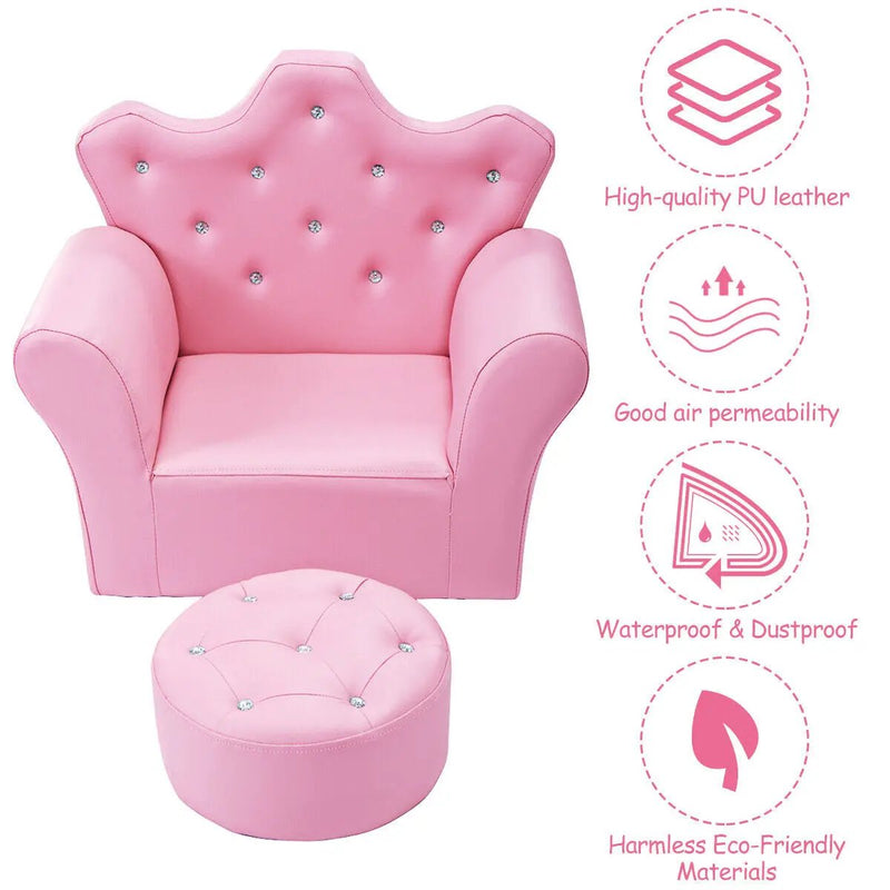 Children Upholstered Princess Sofa with Ottoman and Diamond Decoration for Boys and Girls by DirectDeals