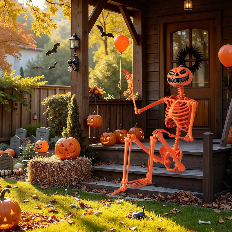 5.2 FT Orange Life-Size Poseable Halloween Skeleton with Pumpkin Head and Movable Joints by DirectDeals