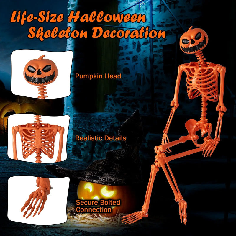 5.2 FT Orange Life-Size Poseable Halloween Skeleton with Pumpkin Head and Movable Joints by DirectDeals