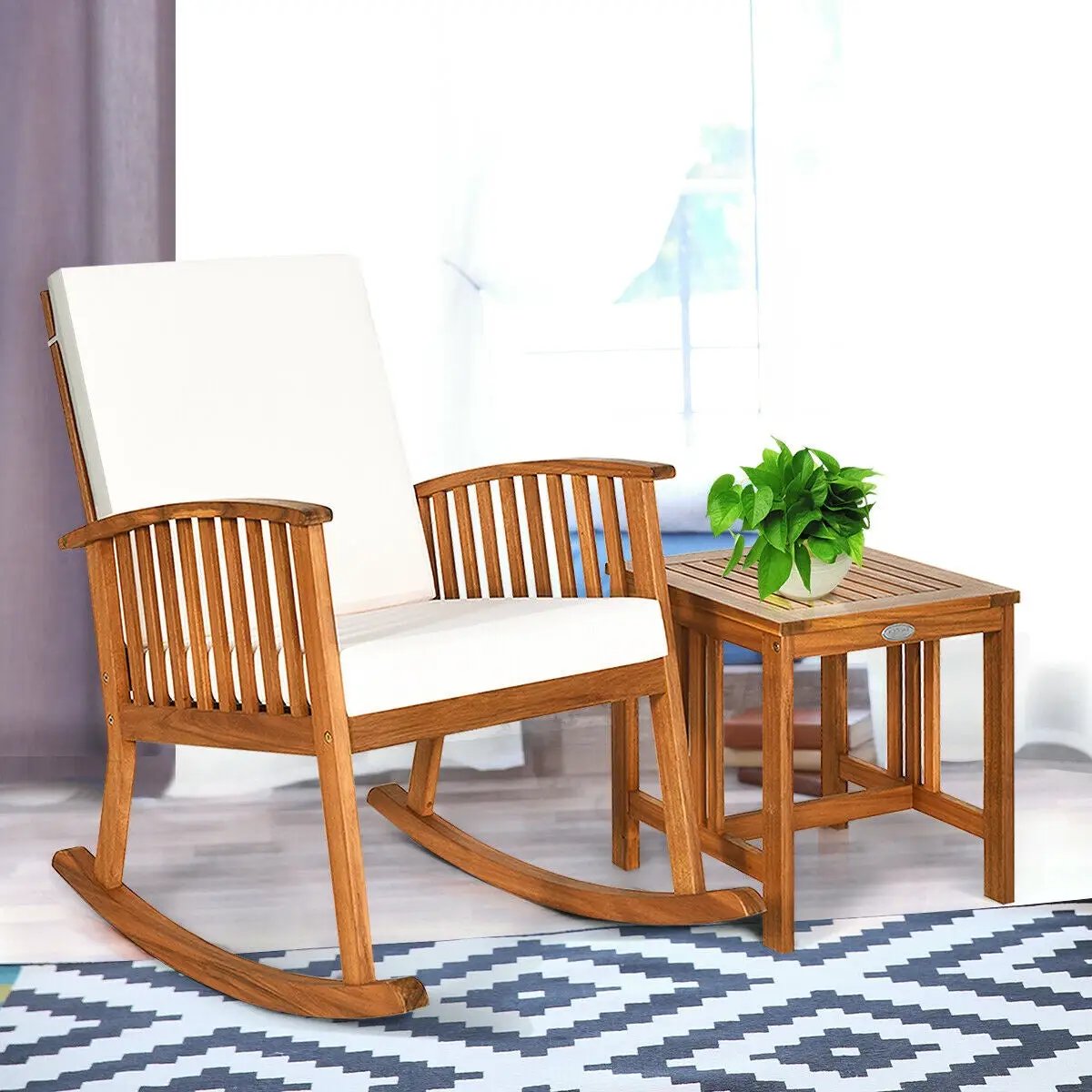2 Pieces Acacia Wood Patio Rocking Chair Table Set by DirectDeals