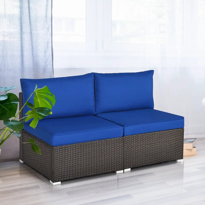 2 Pieces Patio Rattan Armless Sofa Set with 2 Cushions and 2 Pillows by DirectDeals