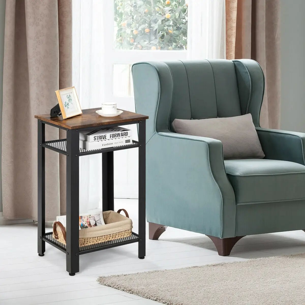 3-Tier Industrial End Table with Metal Mesh Storage Shelves by DirectDeals