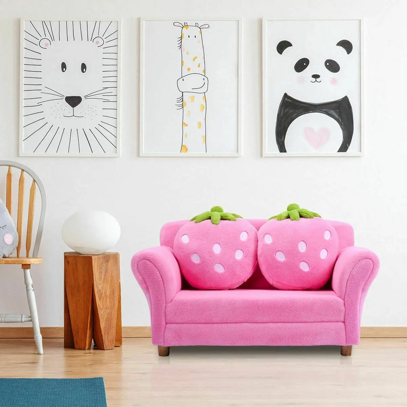 Kids Strawberry Armrest Chair Sofa with 2 Cute Strawberry Pillows-Pink by DirectDeals