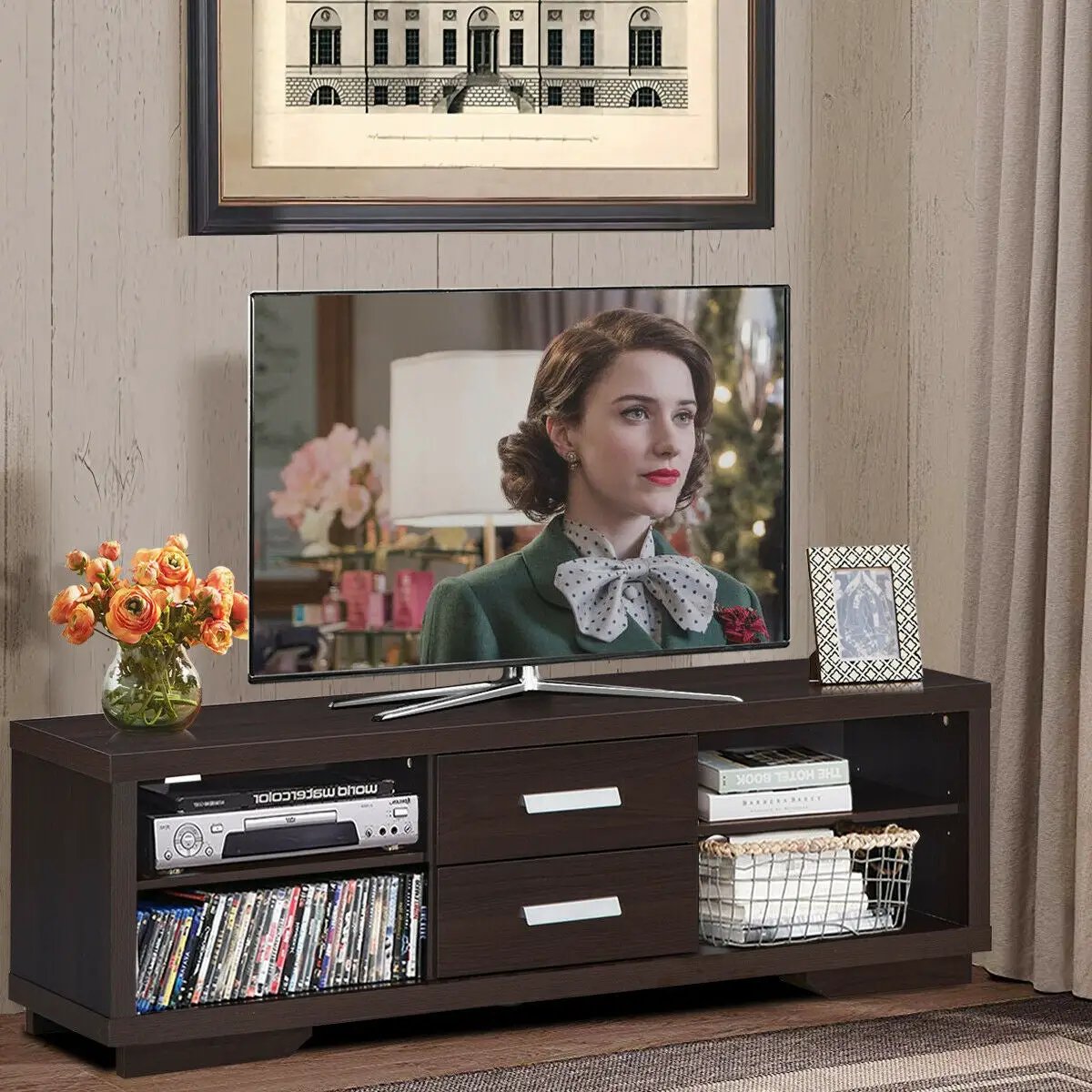 Modern TV Stand Entertainment Center with 2 Drawers and 4 Open Shelves by DirectDeals