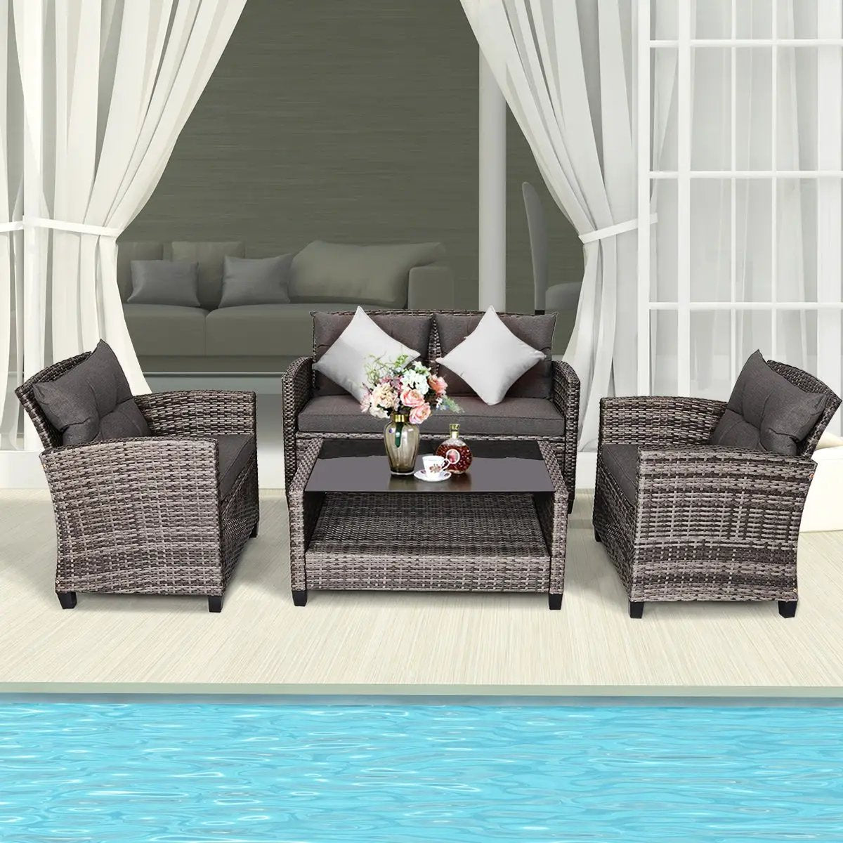 4 Pieces Patio Rattan Furniture Set Coffee Table Cushioned Sofa-Gray by DirectDeals
