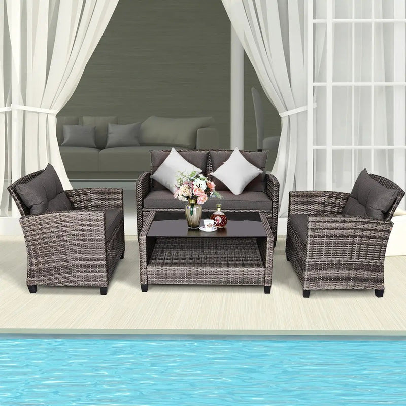 4 Pieces Patio Rattan Furniture Set Coffee Table Cushioned Sofa-Gray by DirectDeals