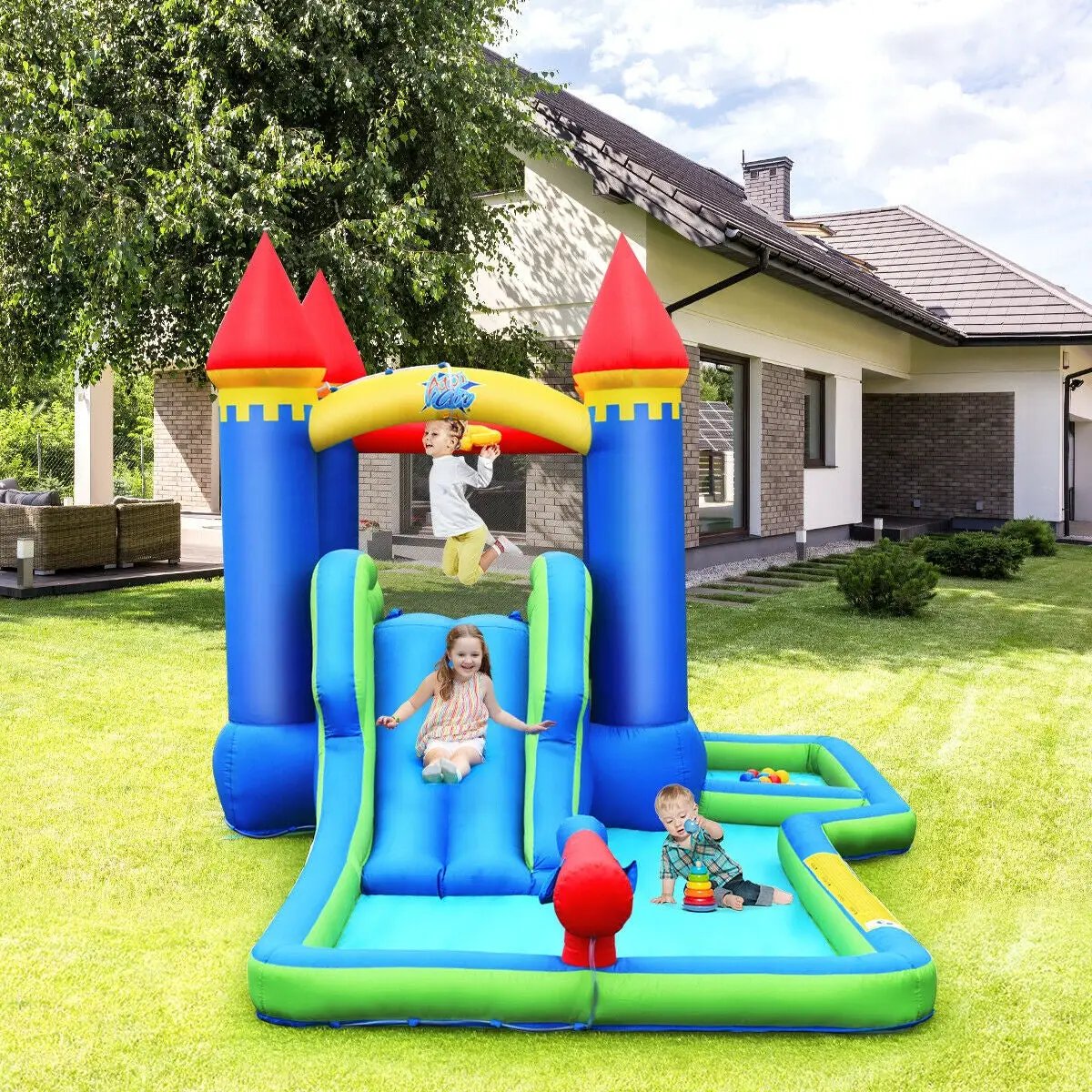 Inflatable Bounce House Castle Water Slide with Climbing Wall and 580W Blower by DirectDeals