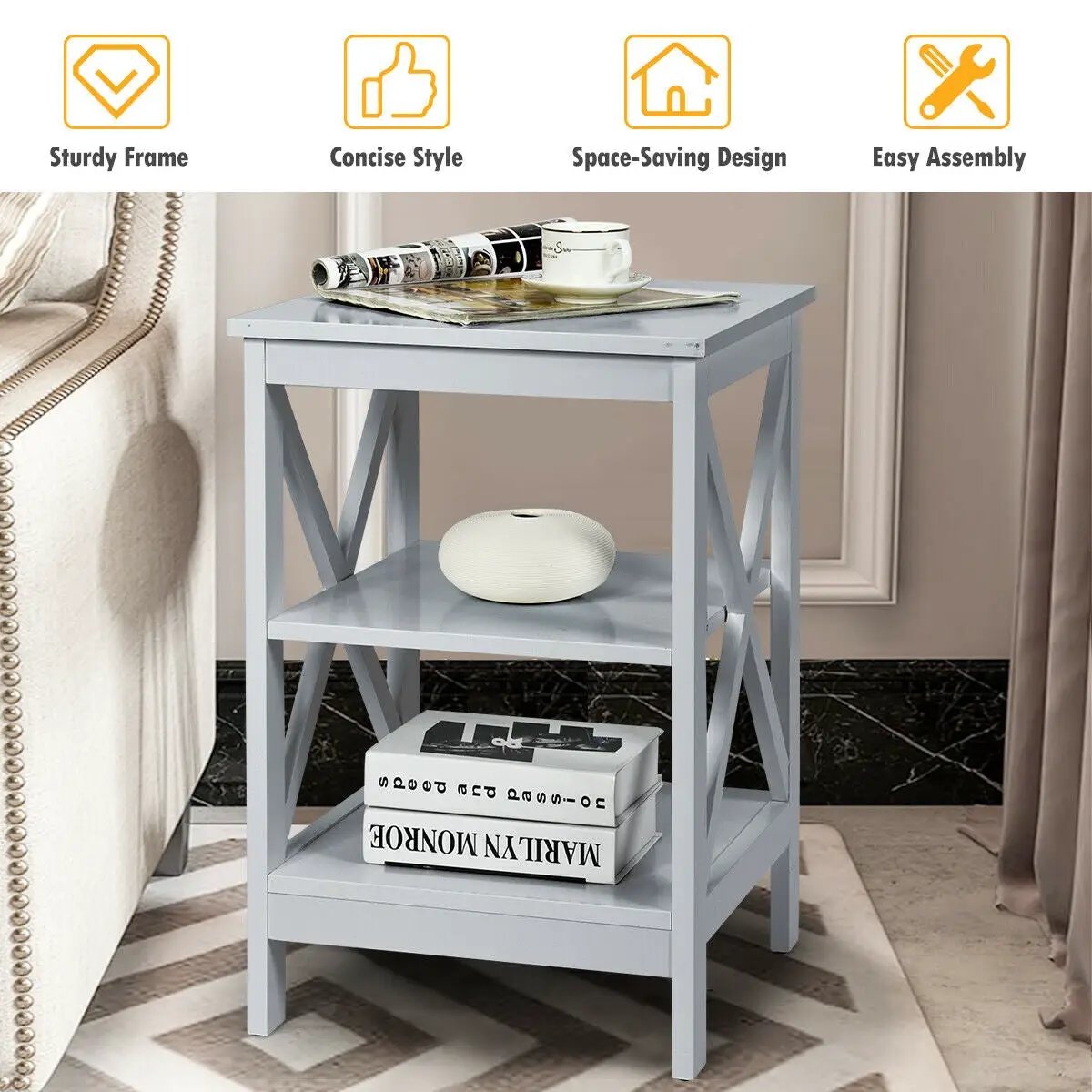 3-Tier Nightstand End Table with X Design Storage by DirectDeals