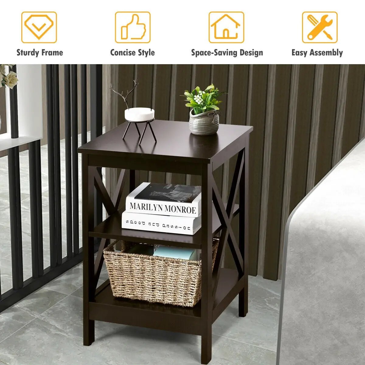 3-Tier Nightstand End Table with X Design Storage, photo 8 of 16
