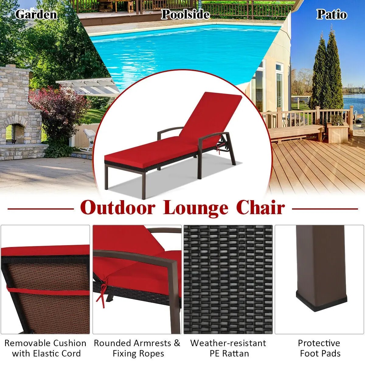 Patio Rattan Lounge Chaise Recliner with Back Adjustable Cushioned, photo 2 of 10