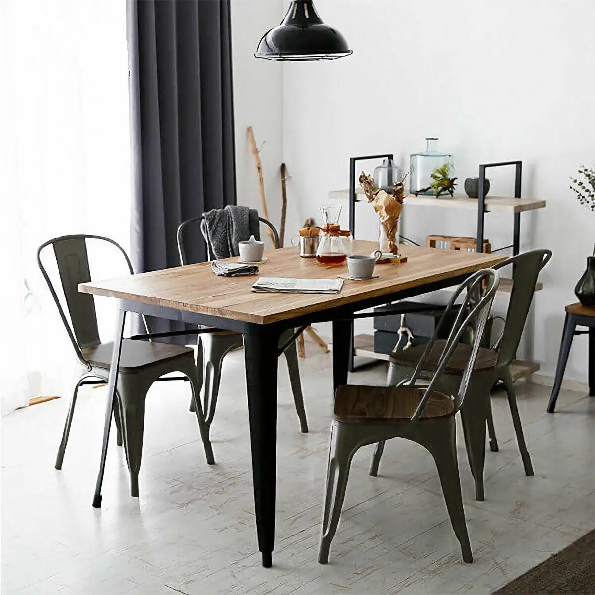 4 Pieces Tolix Style Metal Dining Side Chair Stackable Wood Seat by DirectDeals