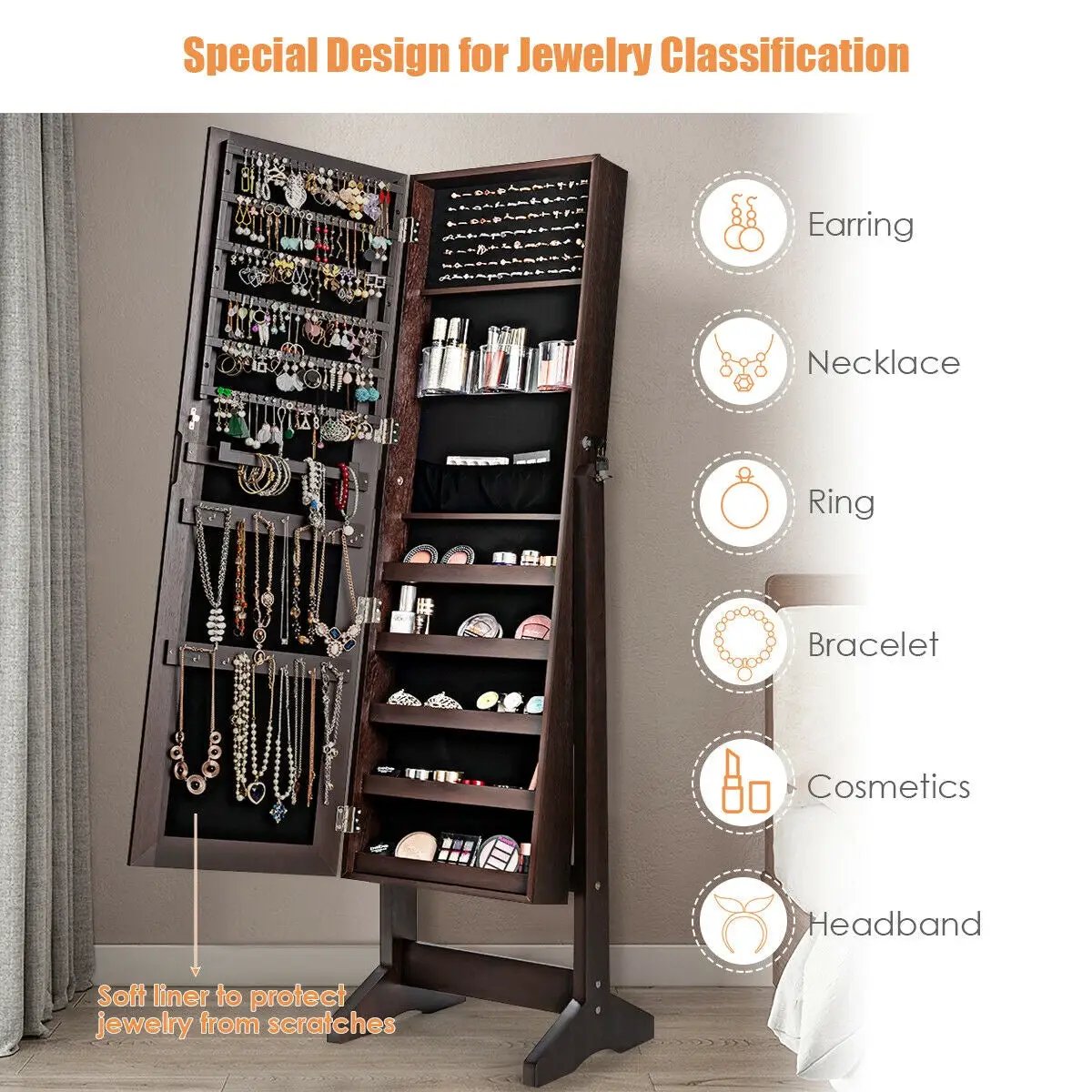Standing Jewelry Armoire Cabinet with Full Length Mirror, photo 2 of 16