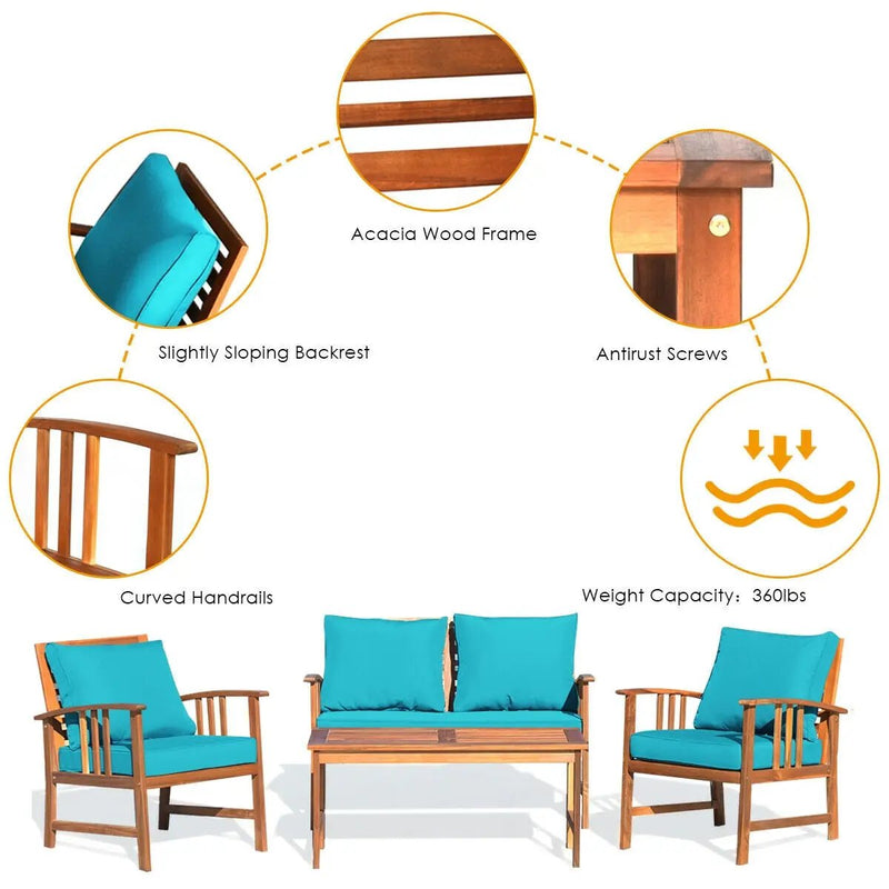 4-Piece Acacia Wood Patio Conversation Set with Cushions by DirectDeals