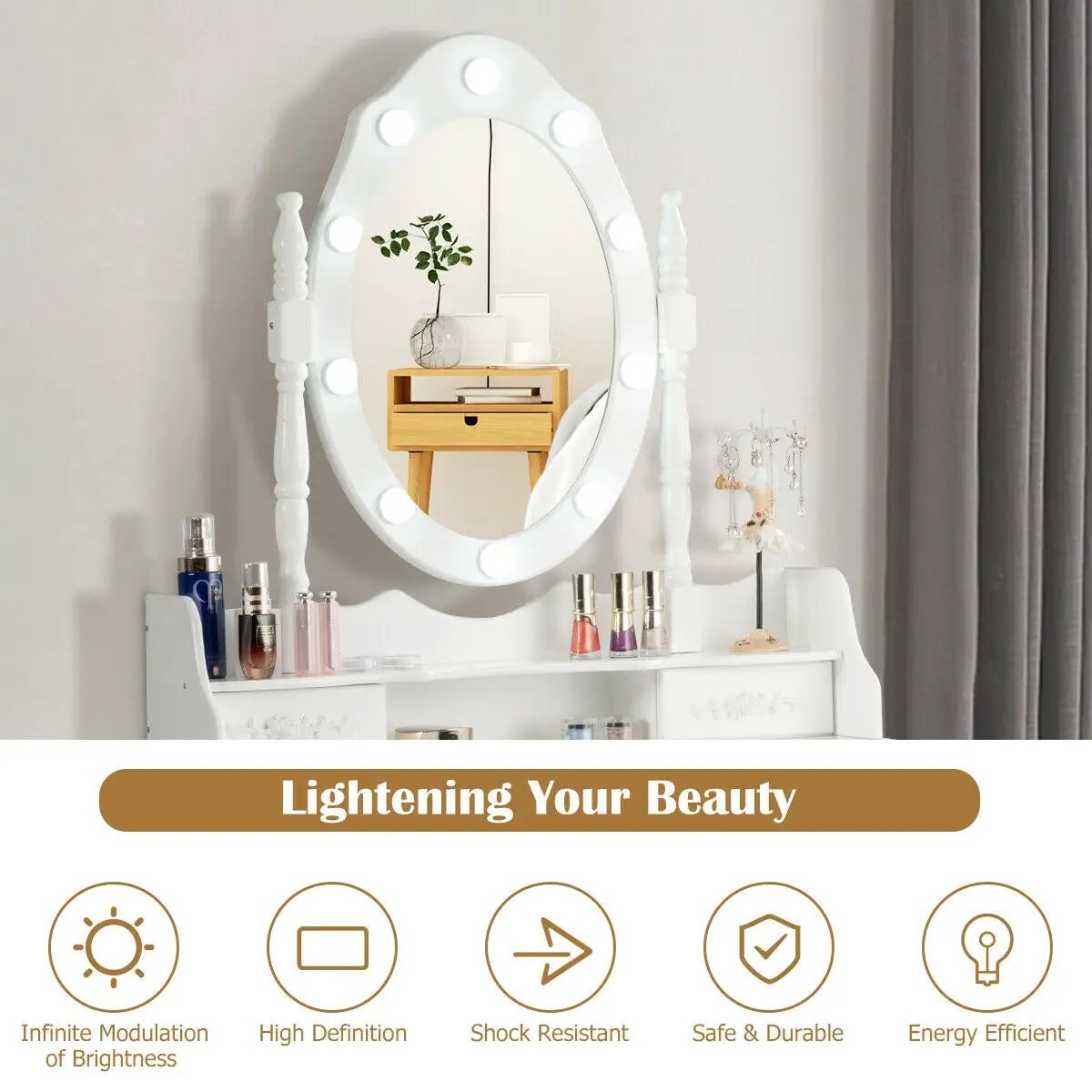 Makeup Vanity Dressing Table Set with Dimmable Bulbs Cushioned Stool, photo 2 of 10