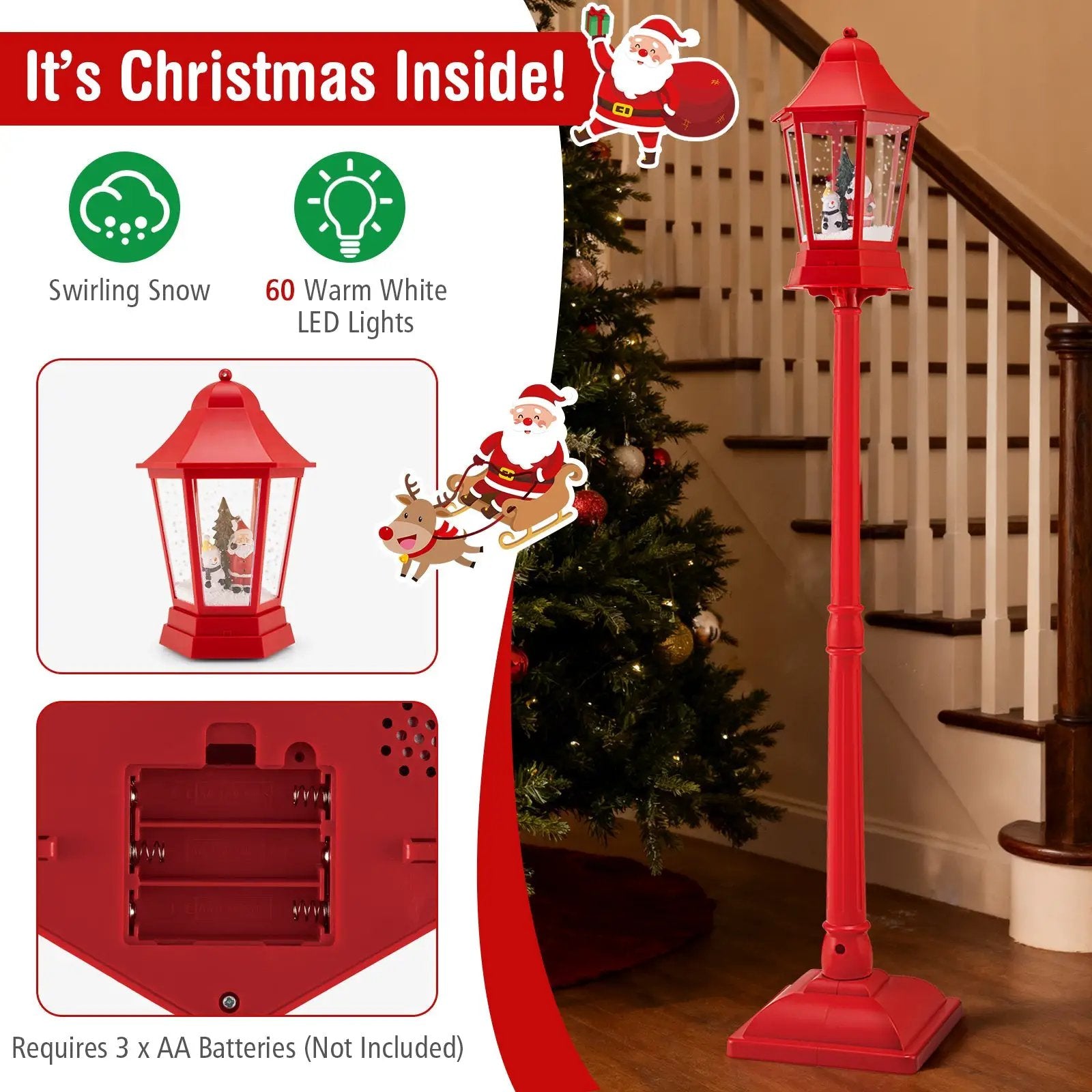 5.3 Feet Musical Christmas Street Lamp with Blowing Snow and LED Lights-Red by DirectDeals
