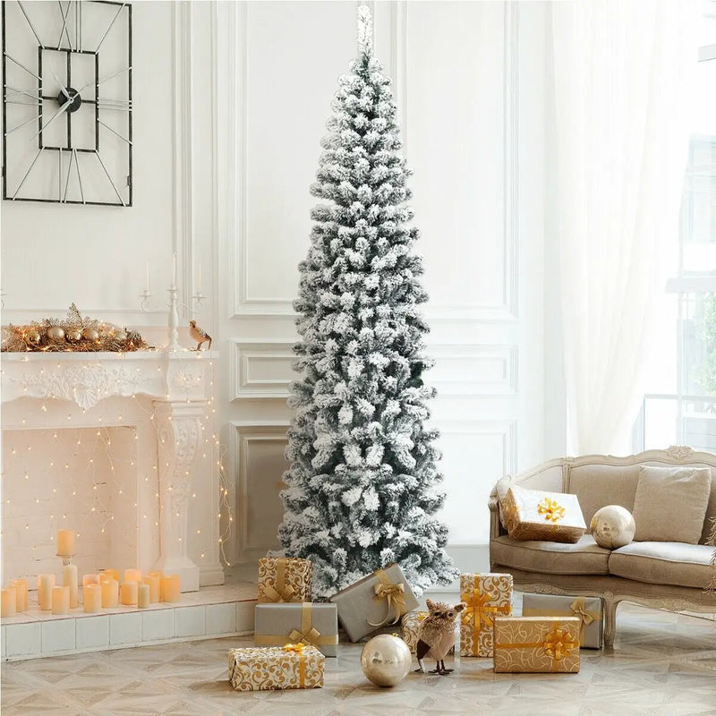 7.5 Feet Unlit Hinged Snow Flocked Artificial Pencil Christmas Tree with 641 Tips by DirectDeals