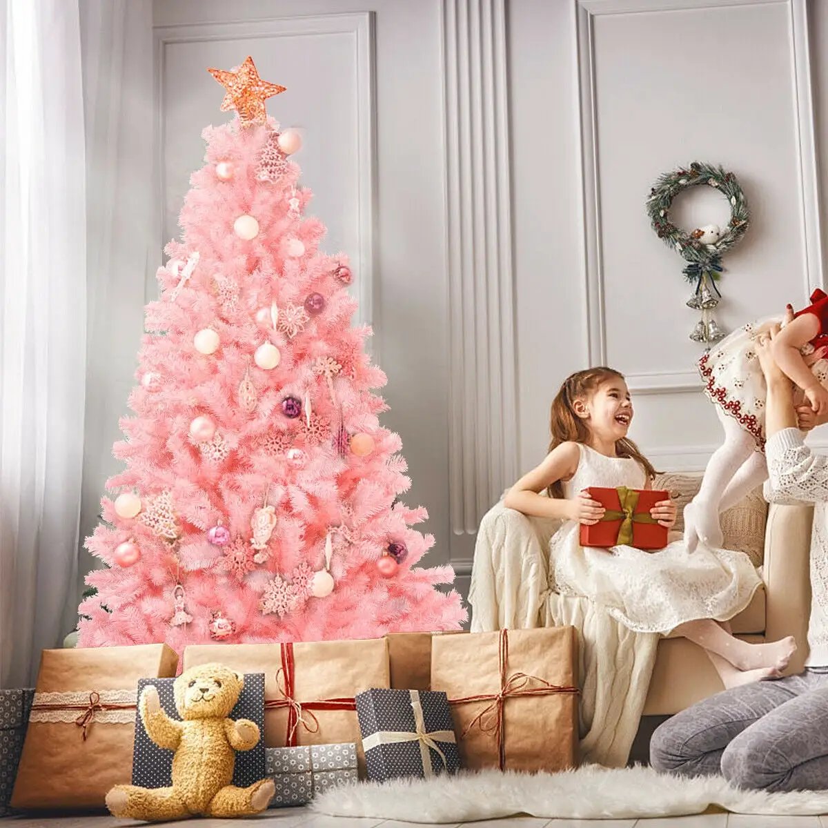 6 Feet Pink Artificial Hinged Spruce Full Christmas Tree with Foldable Metal Stand by DirectDeals
