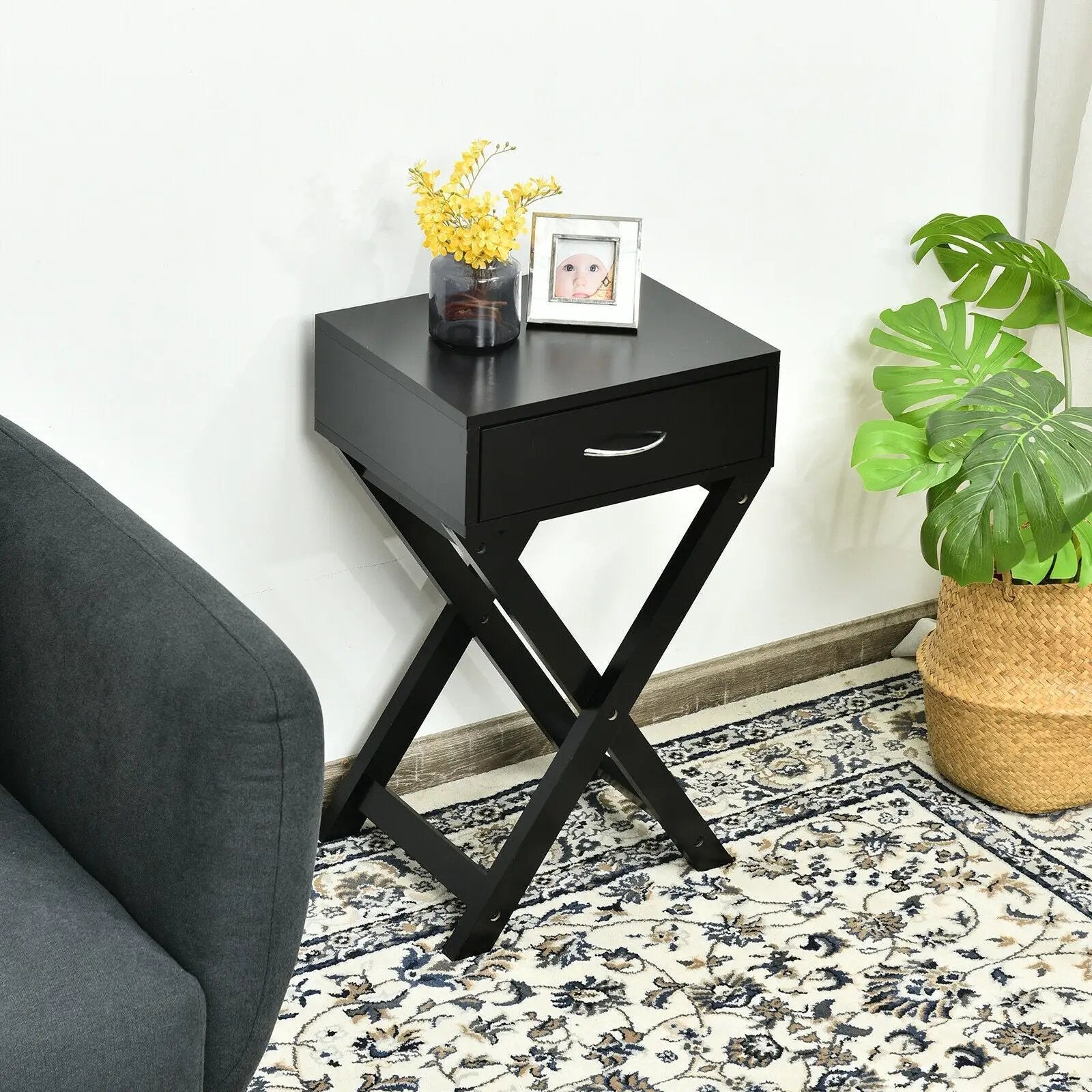 Design Sofa Side Table with X-Shape Drawer for Living Room Bedroom by DirectDeals