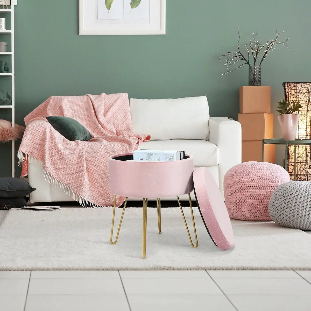 Round Velvet Storage Ottoman Footrest Stool Vanity Chair with Metal Legs, photo 17 of 24