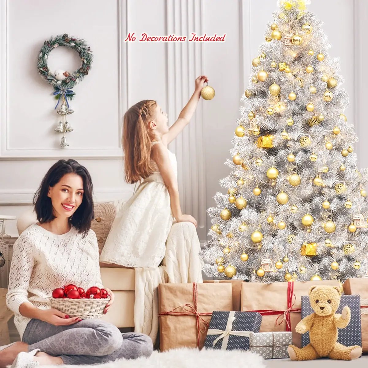 6 Feet Hinged Unlit Artificial Silver Tinsel Christmas Tree with Metal Stand by DirectDeals