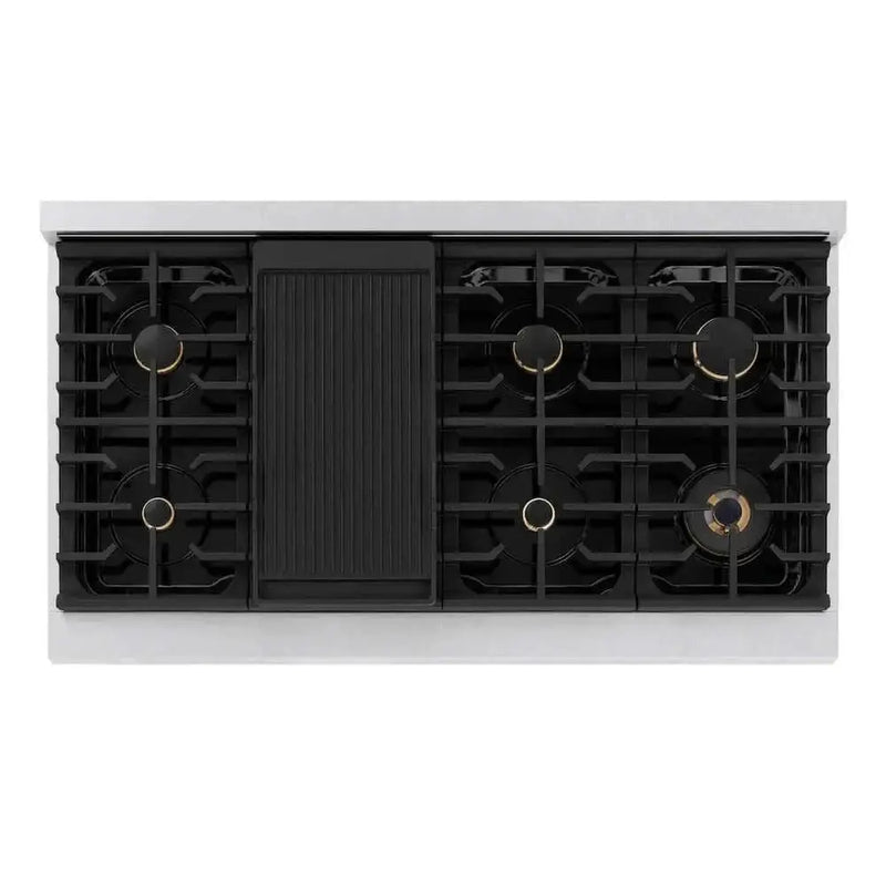 ZLINE 48"Gas Range, Convection Gas Oven, DuraSnow® White Matte, Gold SGRSZ-WM-48-G by Farmhouse Kitchen and Bath