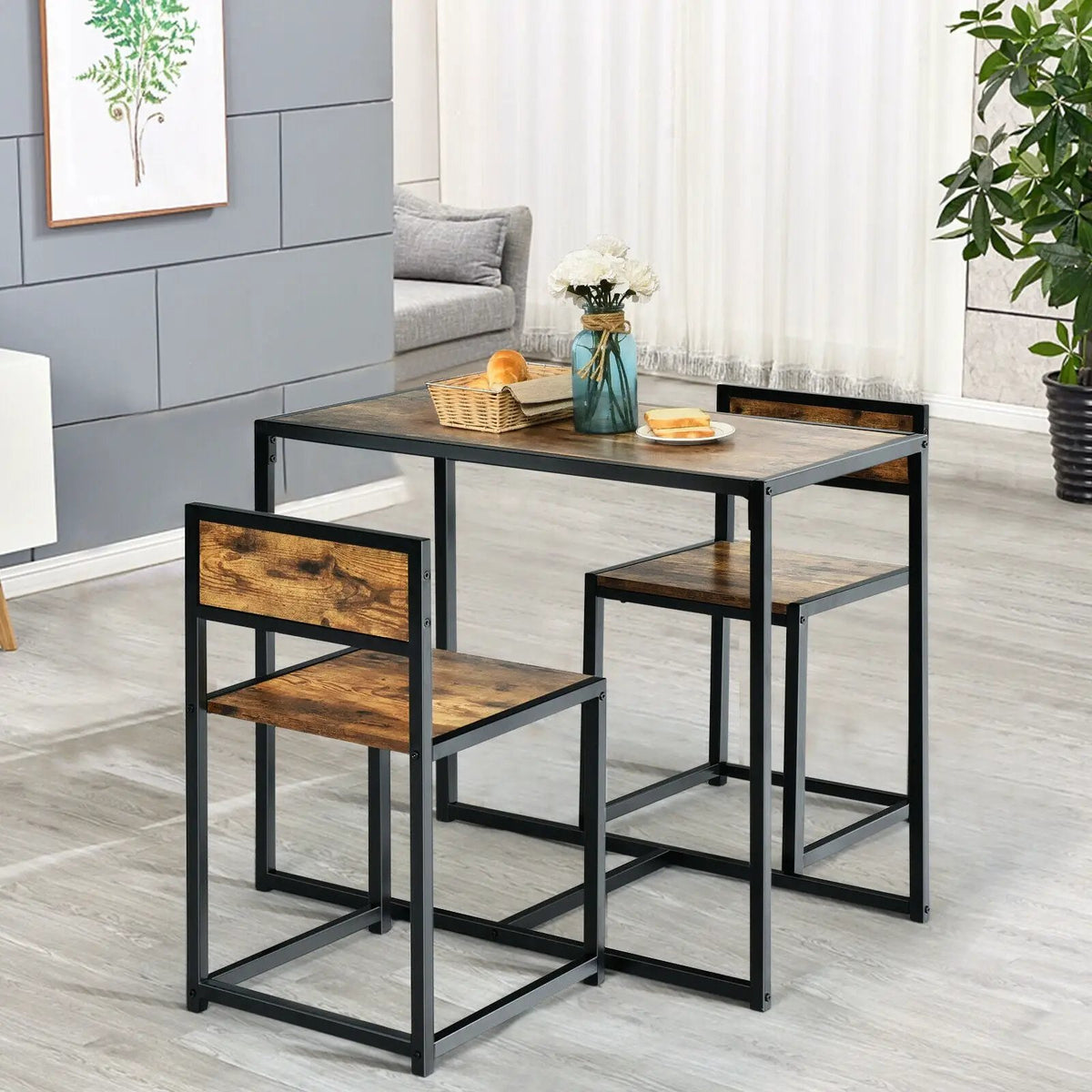 3 Pcs Dining Set Compact Table and 2 Chair with Metal Frame for for Small Space by DirectDeals