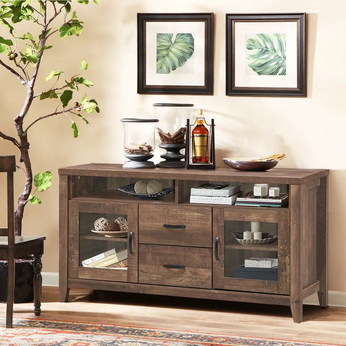 Wooden Retro TV Stand with Drawers and Tempered Glass Doors by DirectDeals