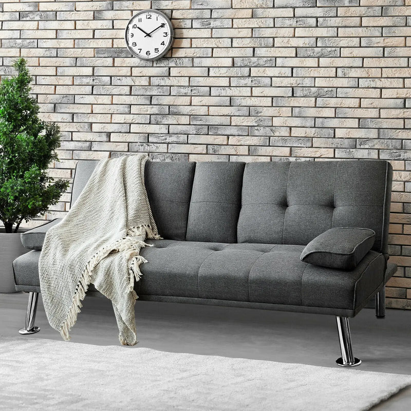 Convertible Folding Futon Sofa Bed Fabric with 2 Cup Holders by DirectDeals