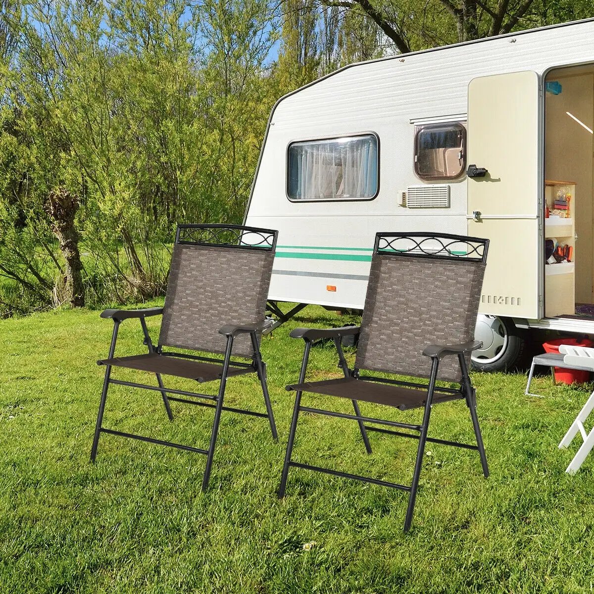 Set of 2 Patio Folding Chairs Sling Portable Dining Chair Set with Armrest by DirectDeals