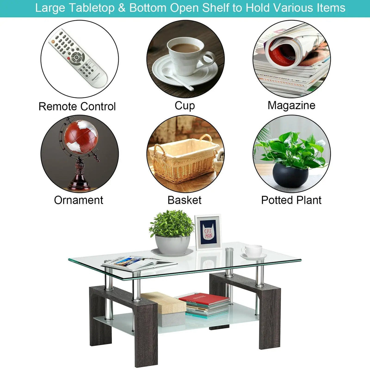 Rectangular Tempered Glass Coffee Table with Shelf, photo 24 of 32