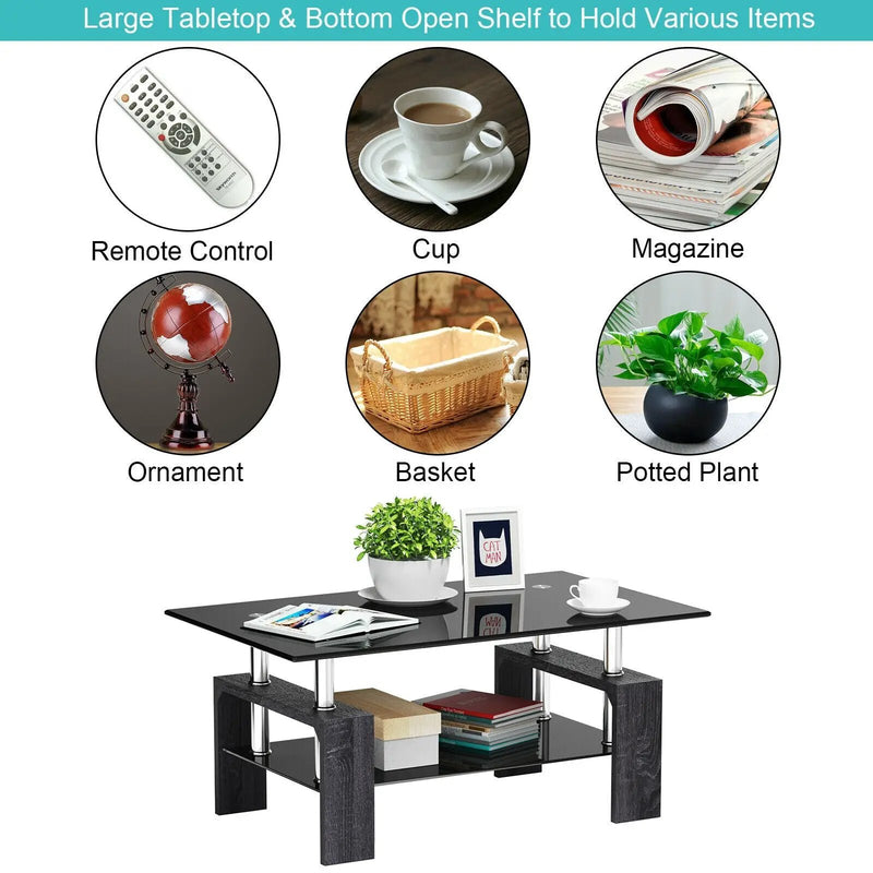 Rectangular Tempered Glass Coffee Table with Shelf by DirectDeals