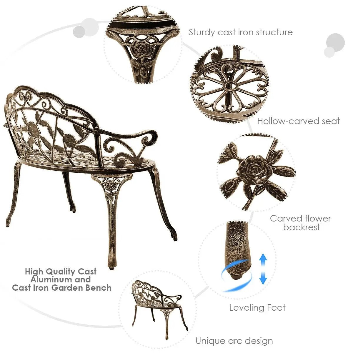 Outdoor Cast Aluminum Patio Bench Antique Rose, photo 10 of 16