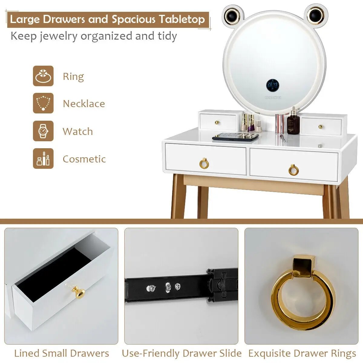 Vanity Set with 3-Color Lighted Touch Screen Dimming Mirror and 4 Drawers by DirectDeals