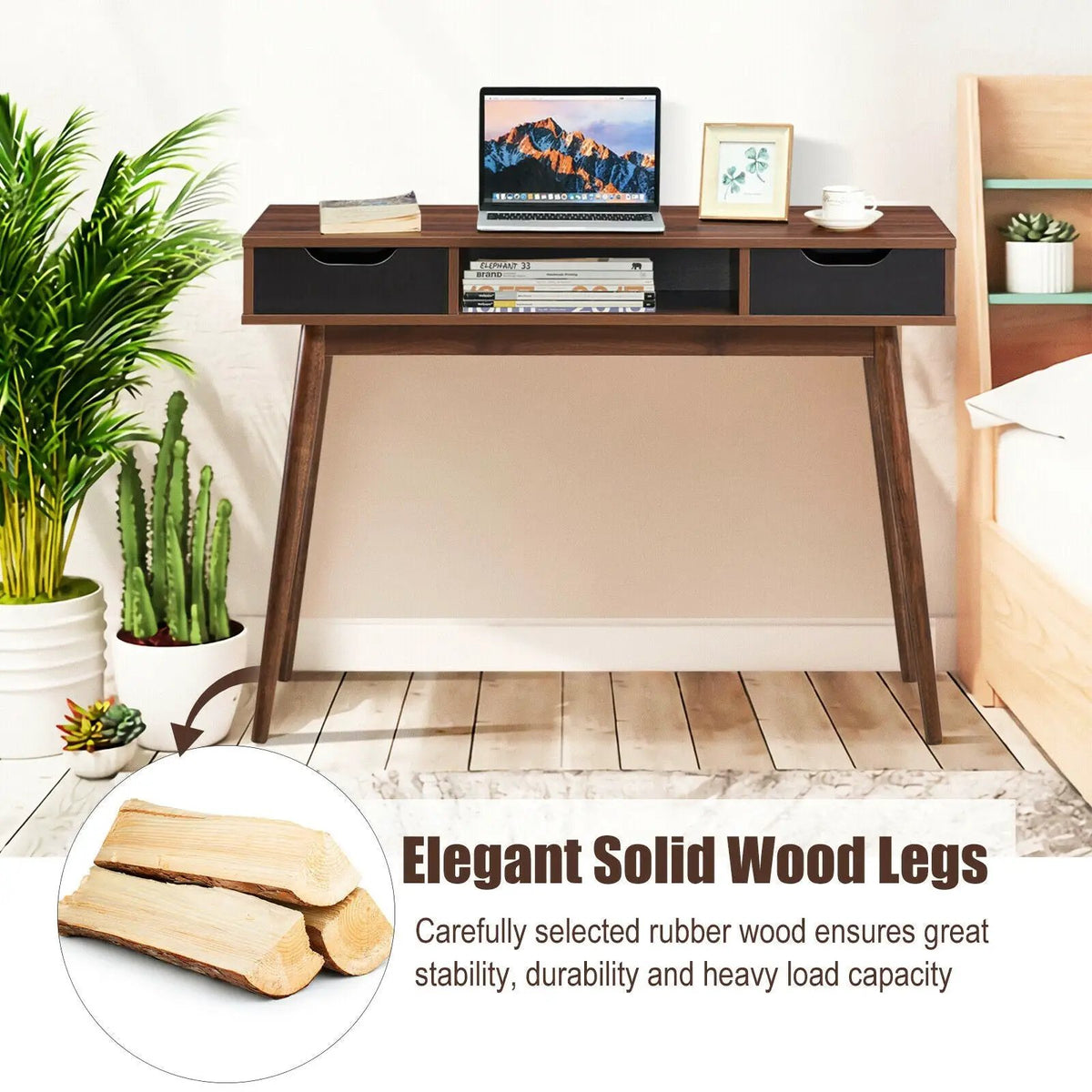 Stylish Computer Desk Workstation with 2 Drawers and Solid Wood Legs, photo 2 of 16