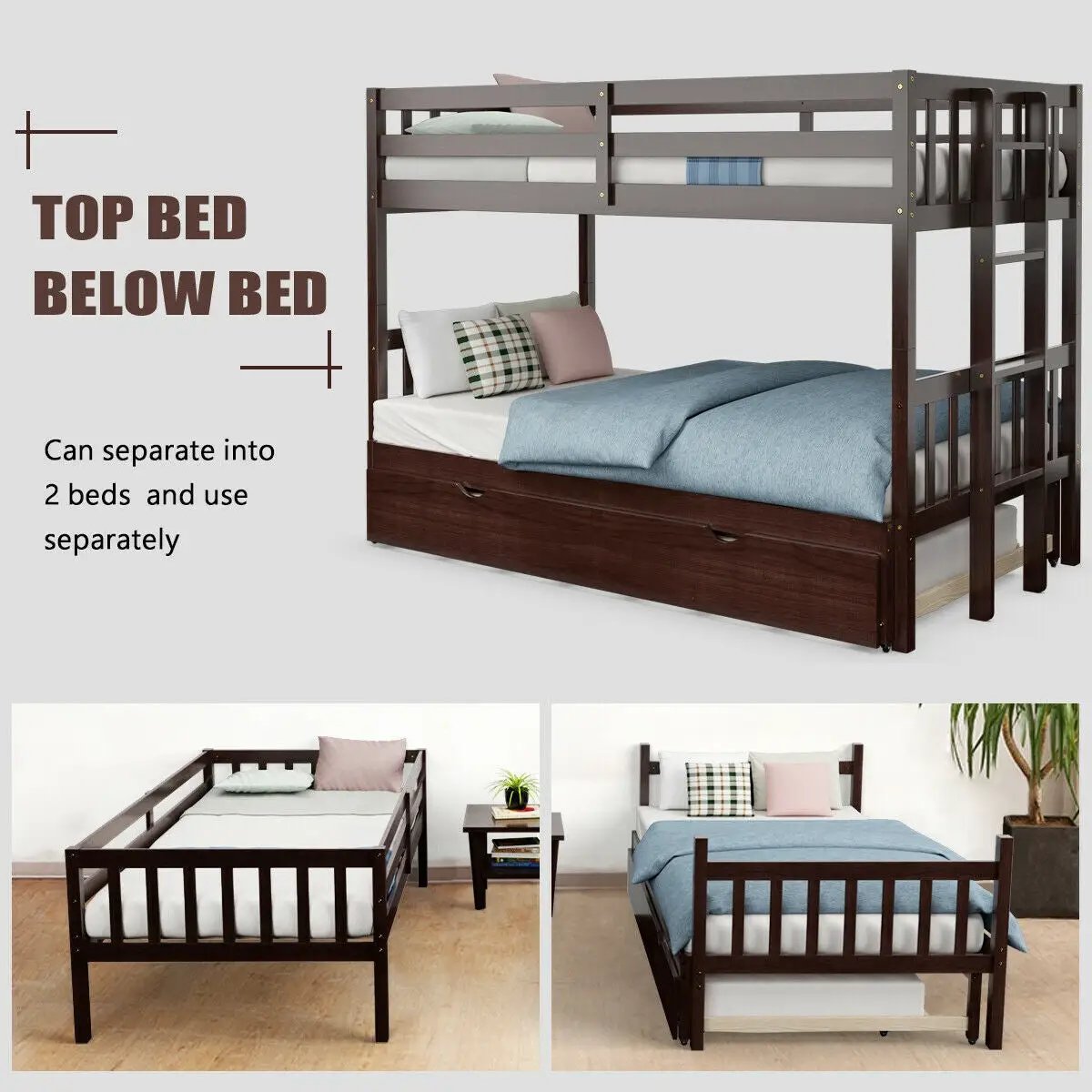 Twin Pull-Out Bunk Bed with Trundle Wooden Ladder, photo 5 of 9