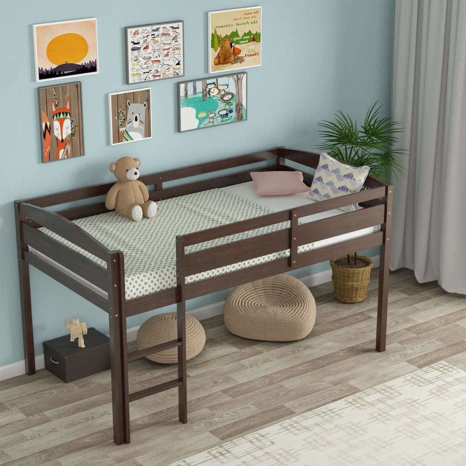 Wooden Twin Low Loft Bunk Bed with Guard Rail and Ladder by DirectDeals