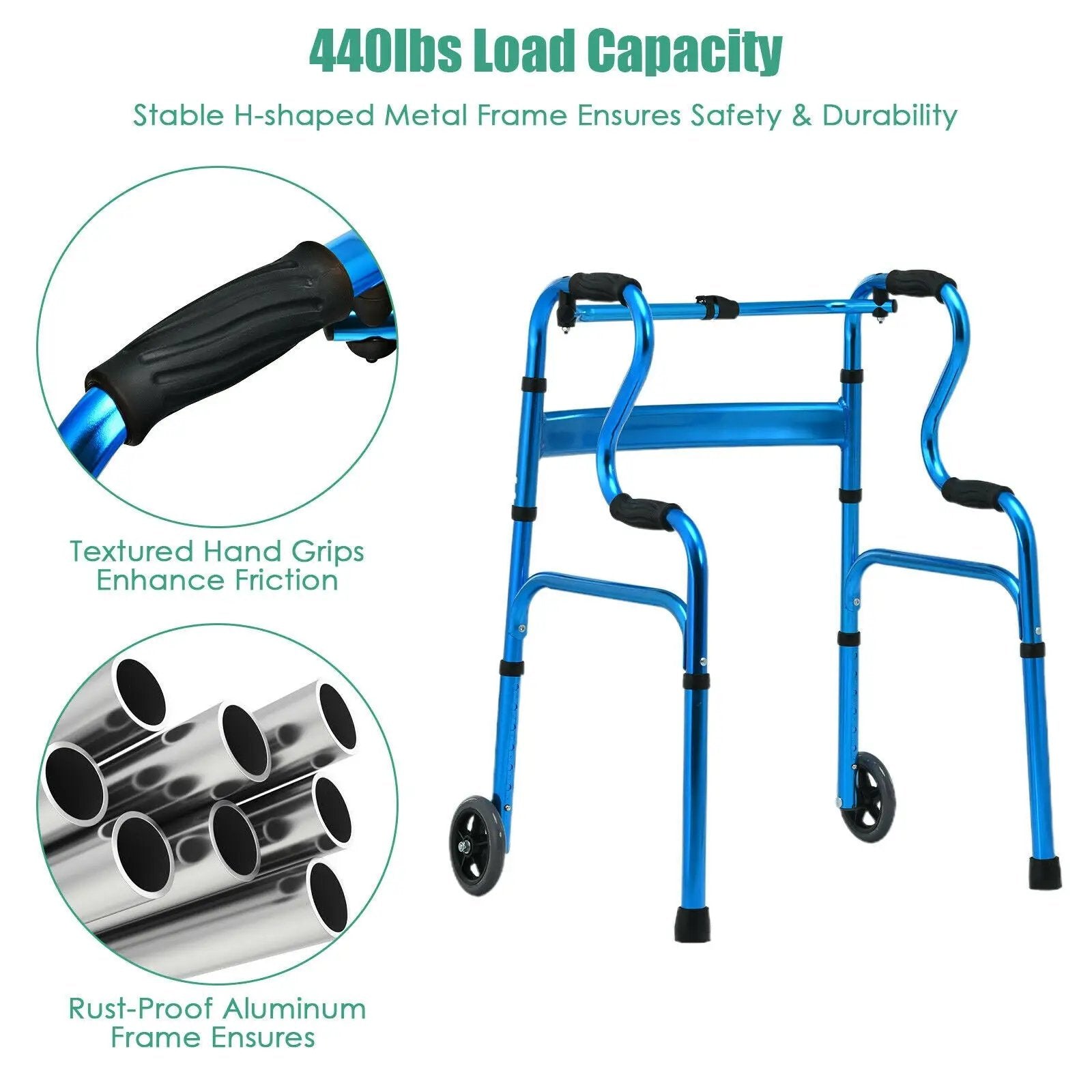 Adjustable Heavy-Duty Folding Walker with Unidirectional Wheels and Bi-Level Armrests-Black by DirectDeals