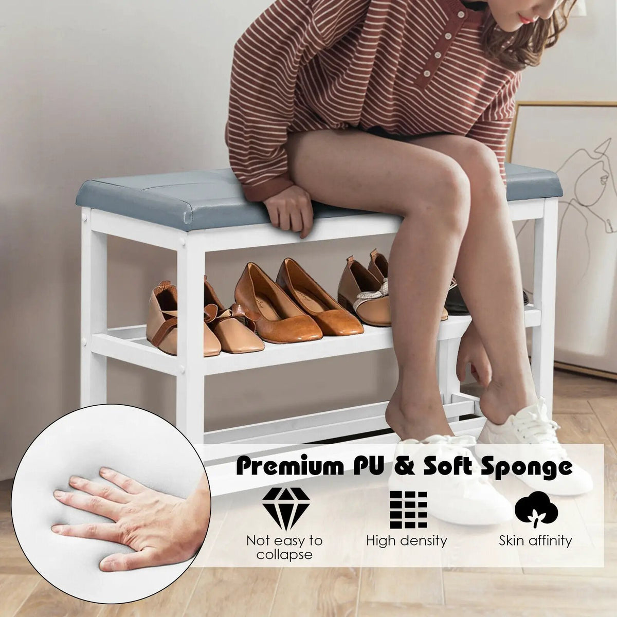 2-Tier Wooden Shoe Rack Bench with Padded Seat, photo 4 of 16
