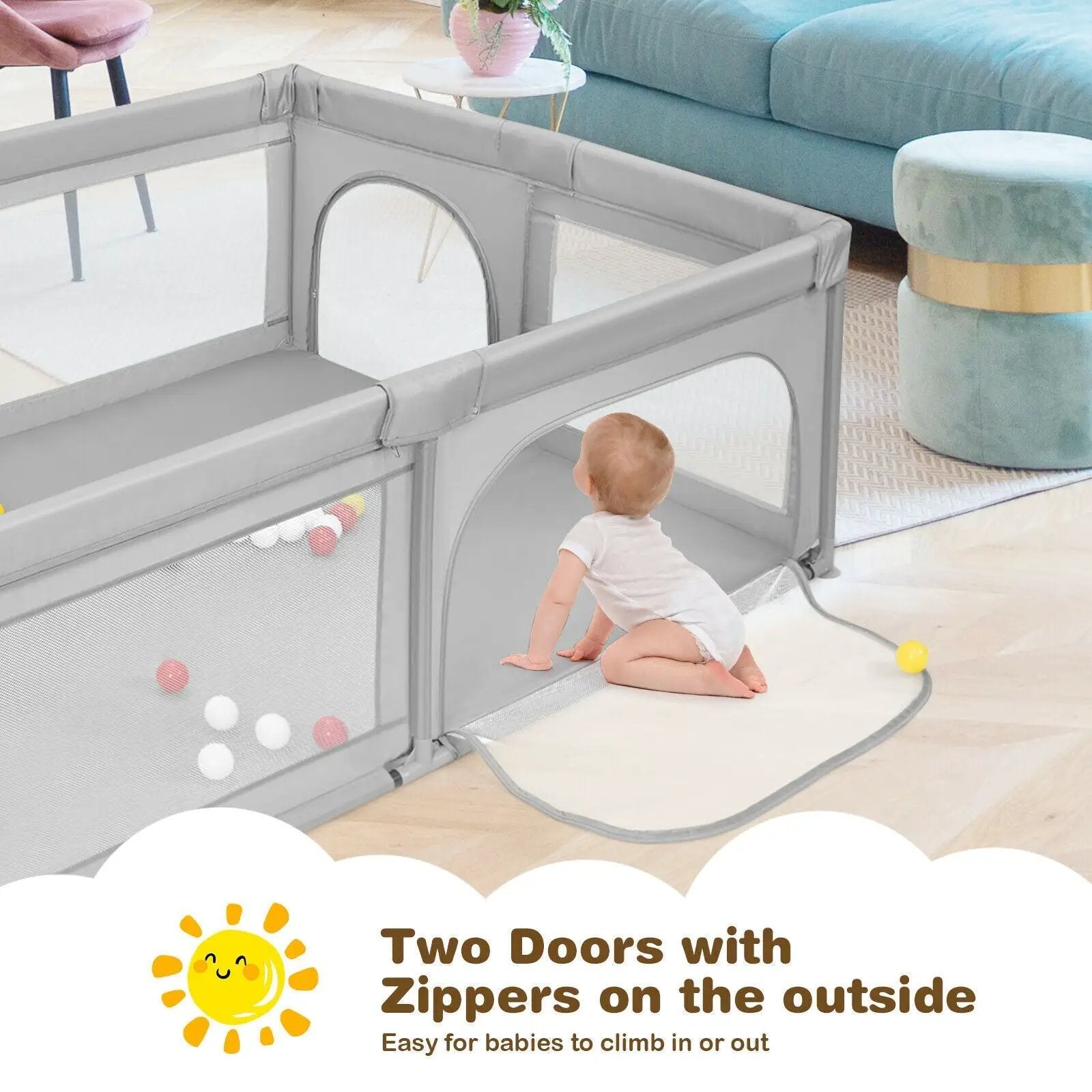 Extra-Large Safety Baby Fence with 50 Ocean Balls-Gray by DirectDeals