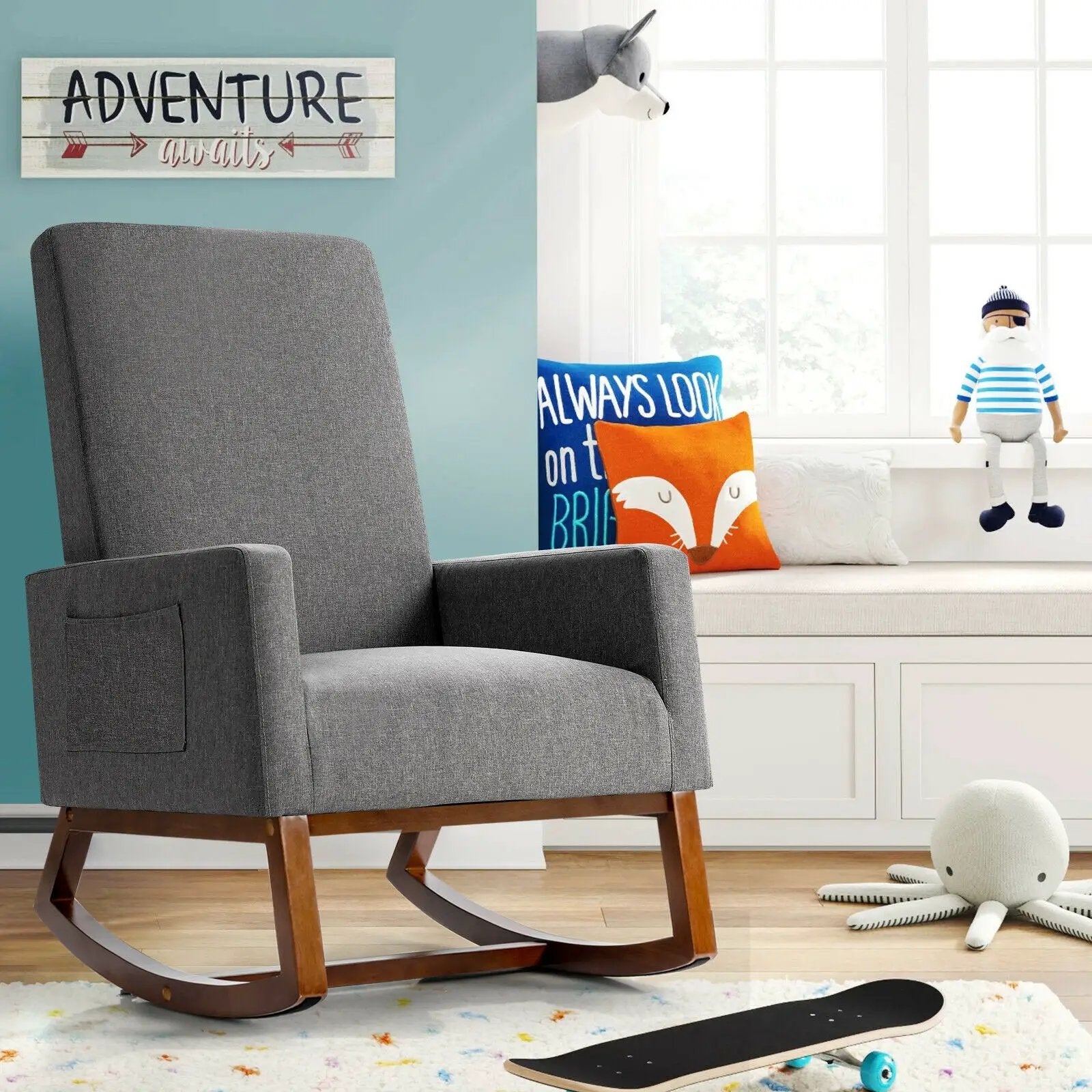 Rocking High Back Upholstered Lounge Armchair with Side Pocket by DirectDeals
