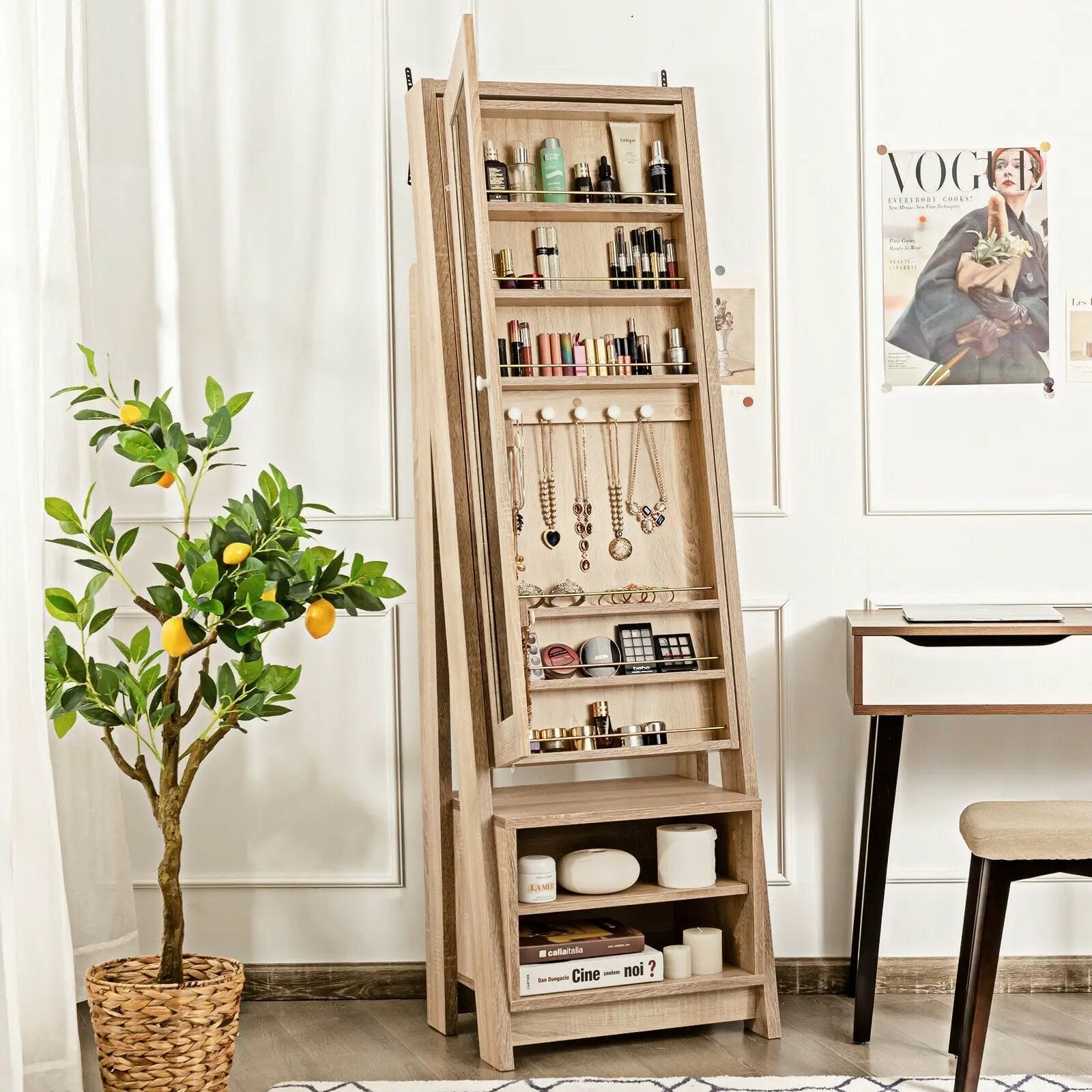 2-in-1 Wooden Cosmetics Storage Cabinet with Full-Length Mirror and Bottom Rack by DirectDeals
