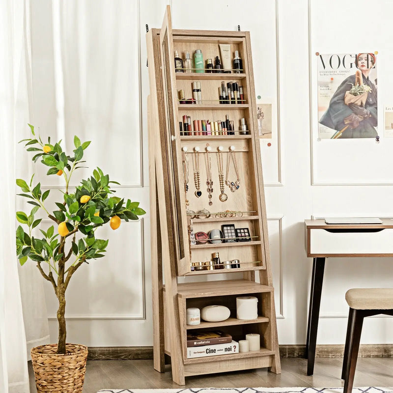 2-in-1 Wooden Cosmetics Storage Cabinet with Full-Length Mirror and Bottom Rack by DirectDeals