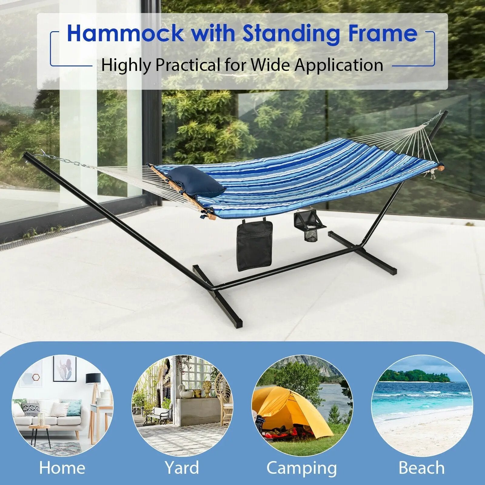Hammock Chair Stand Set Cotton Swing with Pillow Cup Holder Indoor Outdoor by DirectDeals