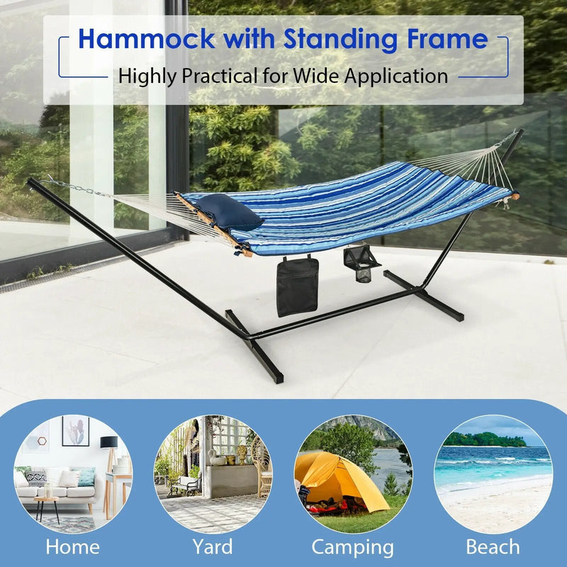 Hammock Chair Stand Set Cotton Swing with Pillow Cup Holder Indoor Outdoor by DirectDeals